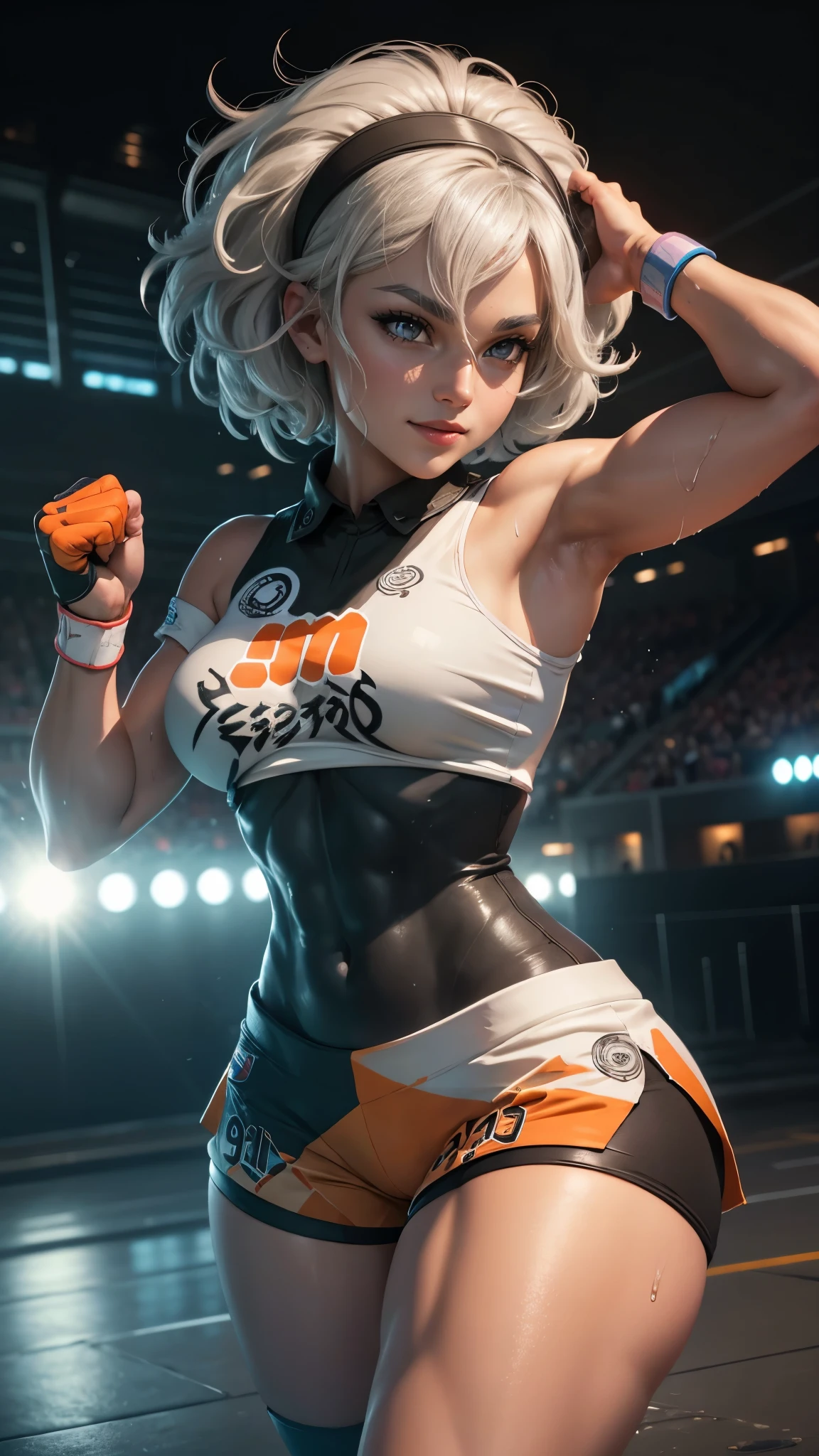 Bea da pokemon,(best qualityer,4K,8k,high resolution, work of art:1.2)(weather: windy), sport stadium background, short curly hair, gray hair, cropped shirt, micro shorts, thigh high stockings, headband, gloves, leotard, nipples, ultra detailed, realistic, beautiful detailed gray eyes, beautiful detailed lips, extremely detailed eye and face, long eyelashes, average, medium breasts, flying hair, beaming smile, powerful girl in a combat, kunf fu stance, wet body, bright coloured, dramatic lighting,