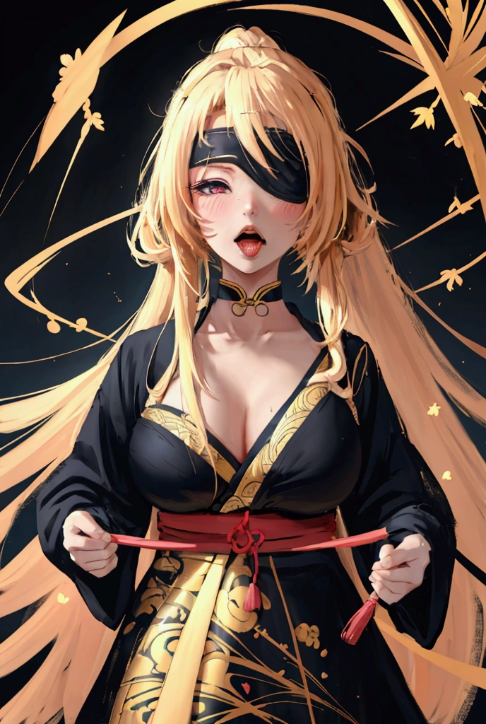 1 girl, big breasts, blushing, open mouth, golden hair, pigtail, Grab your own breasts,tongue, saliva, salivaไหล, Contemptuous look, Dark eyes that are multi-colored, salivaไหลยืด, Yandere, wail, simple background, The End of the Line, Twinkling light, movement lines, Fair Light, Silhouette, Ukiyo-e pictures, abstract, Blindfold, 