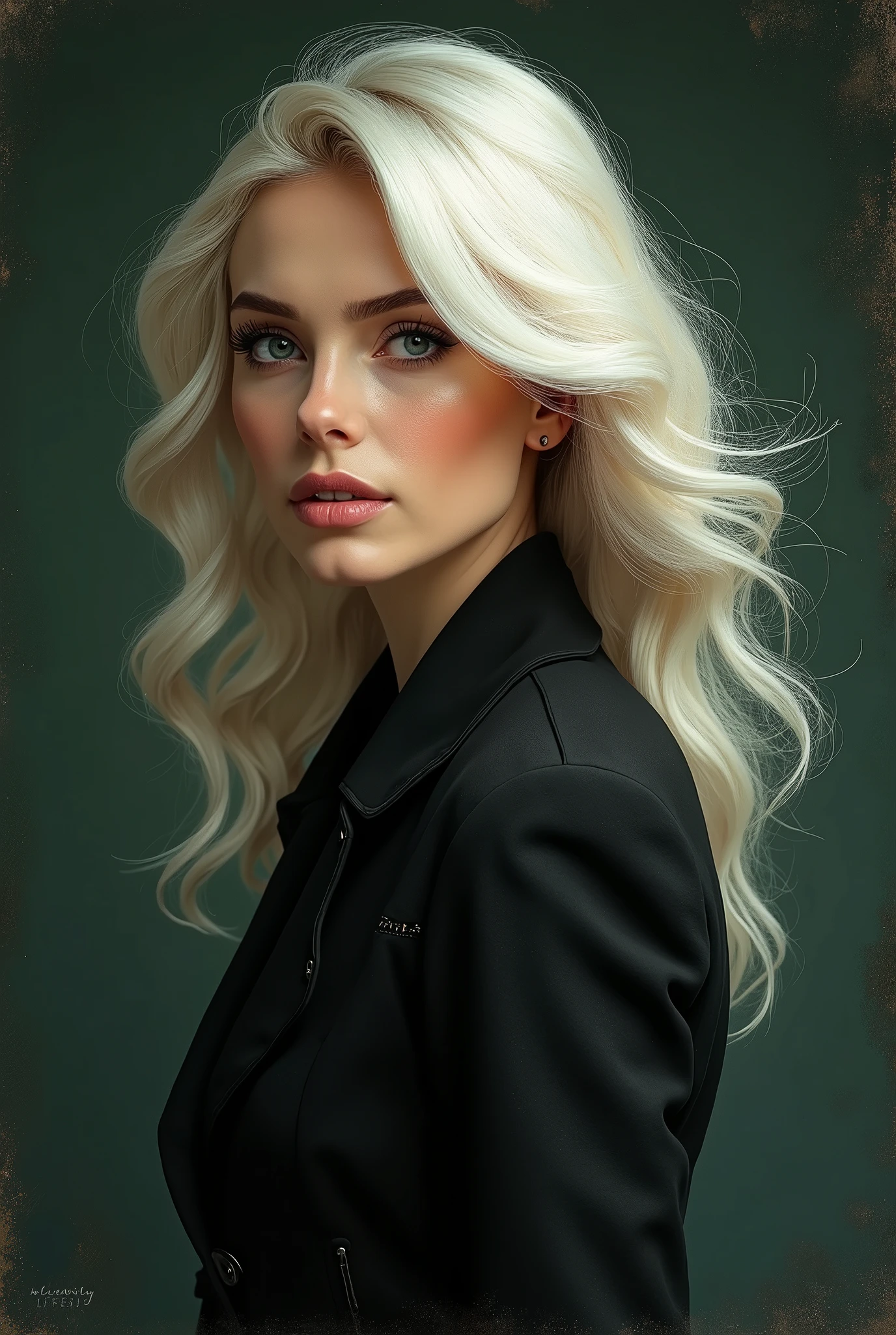 lifelike 3d portrait of a woman with long, flowing platinum blonde hair styled elegantly. She is wearing a sleek black jacket with subtle detailing. The background is a deep, shadowy green, creating a moody and sophisticated atmosphere. Use a combination of watercolor and oil painting techniques to bring out rich textures and colors. Add elements of a messy pen style for dynamic and expressive lines. The lighting is gentle and soft, emphasizing her graceful facial features and giving 