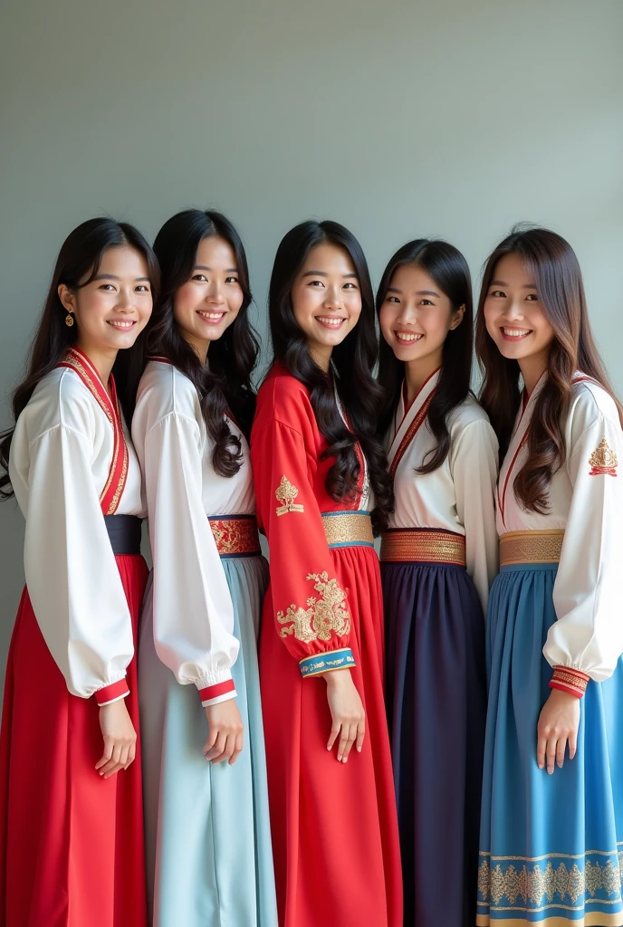 Five beautiful female students: the first Thai female student, aged 18-19 years old, wearing a Thai female student uniform; the second Lao female student, aged 18-1, wearing a Lao female student uniform; the third Japanese female student, aged 19-20 years old, wearing a Japanese female student uniform; the fourth South Korean female student, aged 20-21 years old, wearing a South Korean female student uniform; and the fifth Taiwanese female student, aged 20-2, wearing a Taiwanese female student uniform, standing and posing for a photo, smiling beautifully. 