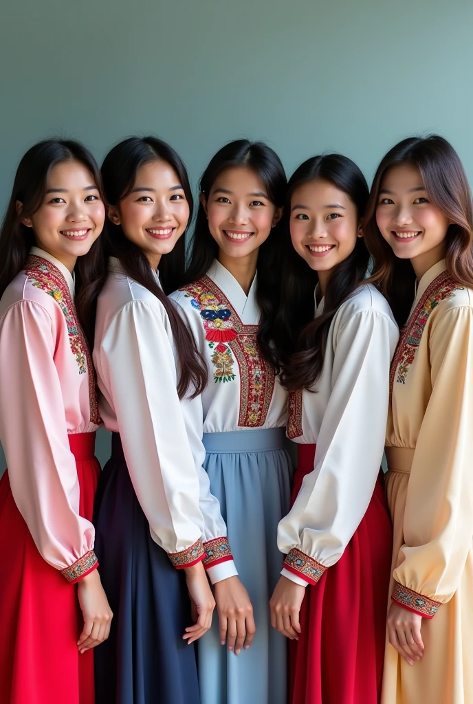Five beautiful female students: the first Thai female student, aged 18-19 years old, wearing a Thai female student uniform; the second Lao female student, aged 18-1, wearing a Lao female student uniform; the third Japanese female student, aged 19-20 years old, wearing a Japanese female student uniform; the fourth South Korean female student, aged 20-21 years old, wearing a South Korean female student uniform; and the fifth Taiwanese female student, aged 20-2, wearing a Taiwanese female student uniform, standing and posing for a photo, smiling beautifully.