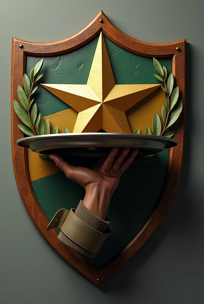 Shield with a hand of a Brazilian military man holding an open waiter's tray with a floating army star