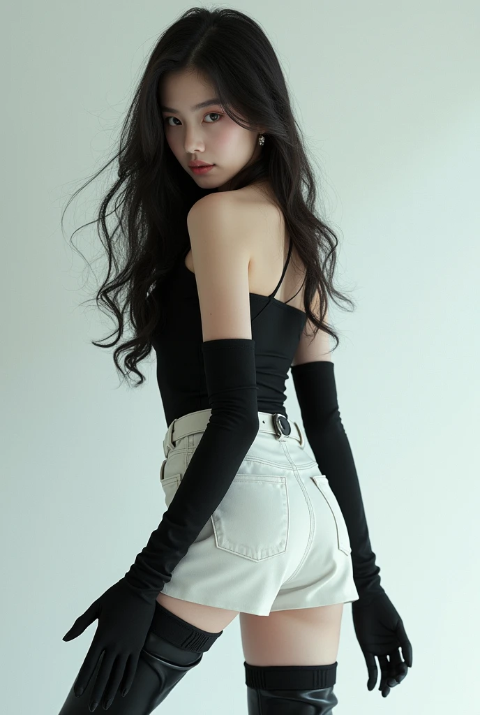 Korean girl, black thigh high boots, white pants, long gloves