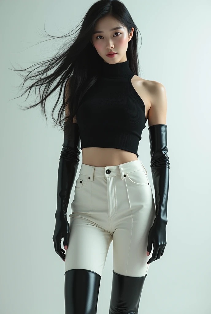 Korean girl, black thigh high boots, white pants, long gloves