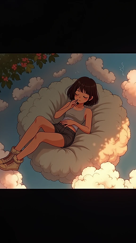 A young brunette anime character with wavy hair lying down smoking on a cloud