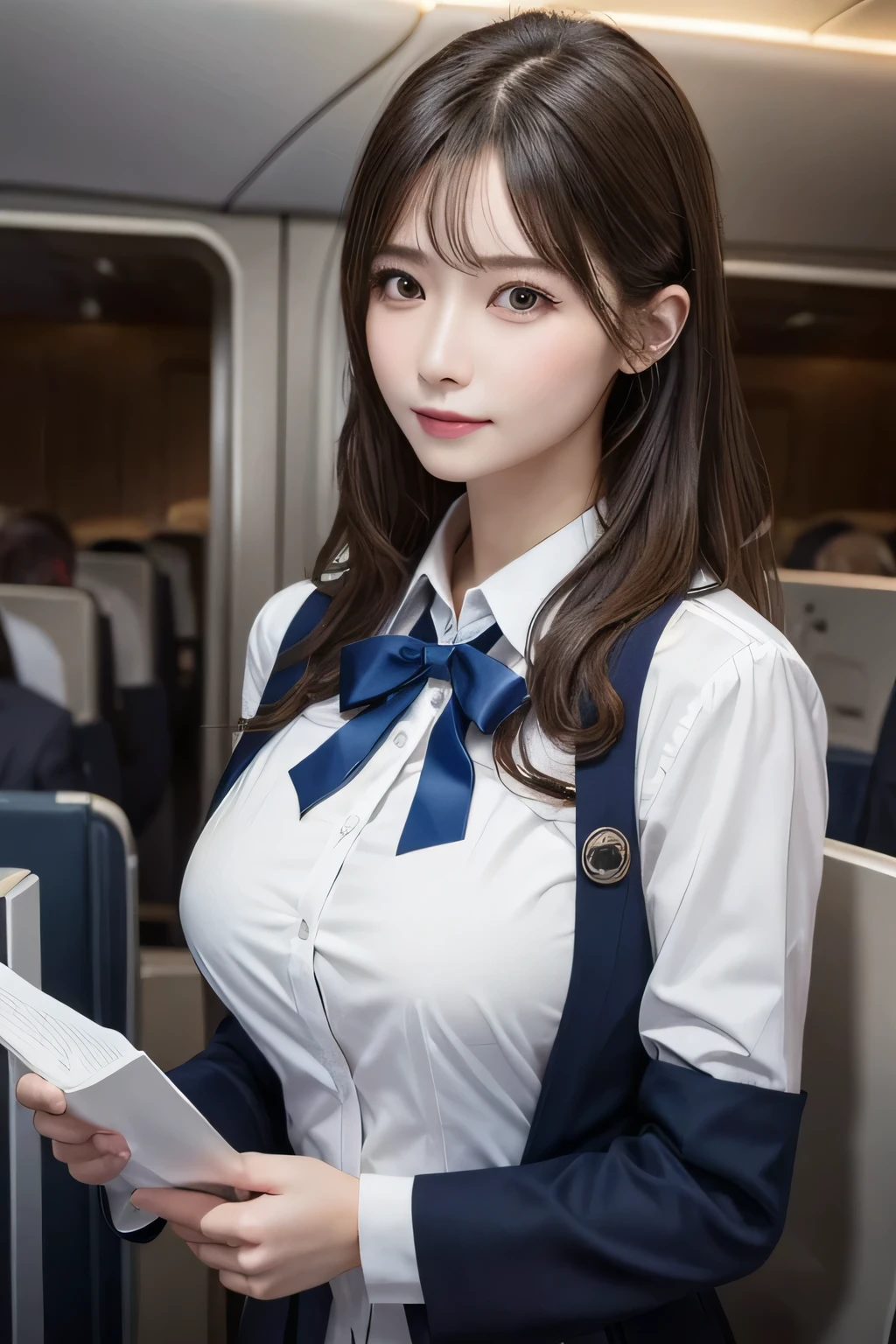 One Girl, 1 person,Highest quality,High resolution,超High resolution,8k,Realistic,Upper Body,encounter_audience,Large Breasts, the body is slim,(Cabin Attendant:1.2), uniform, airport,