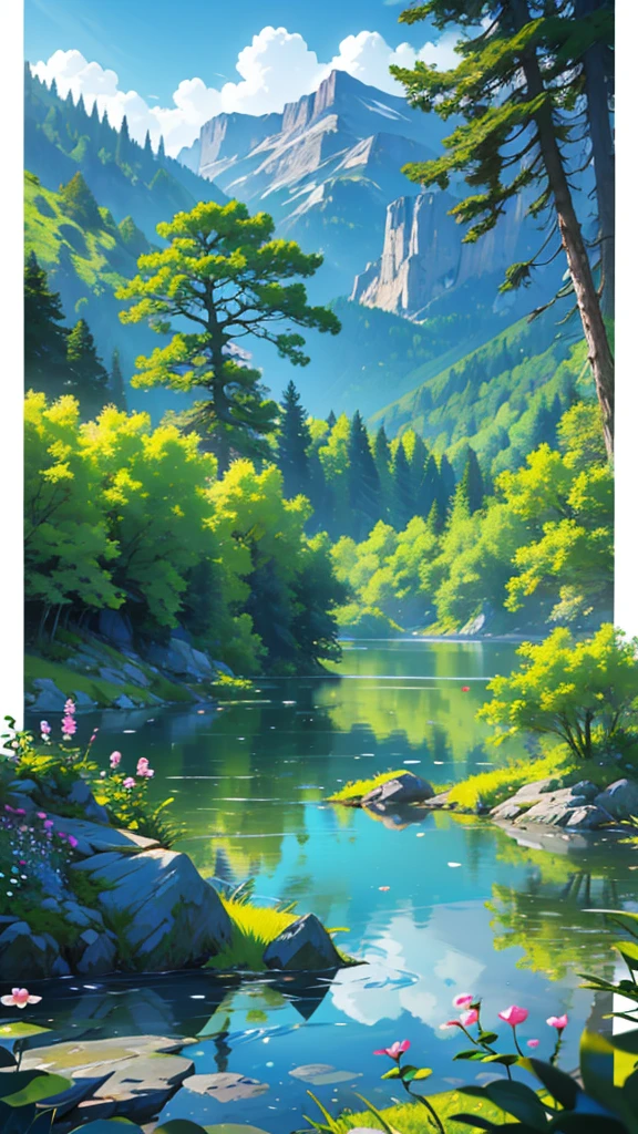 Tranquil landscape of a lake on top of a mountain, with vegetation around it and small trees decorating near the crystal clear water, small plants and flowers sliding on the surface of the water.