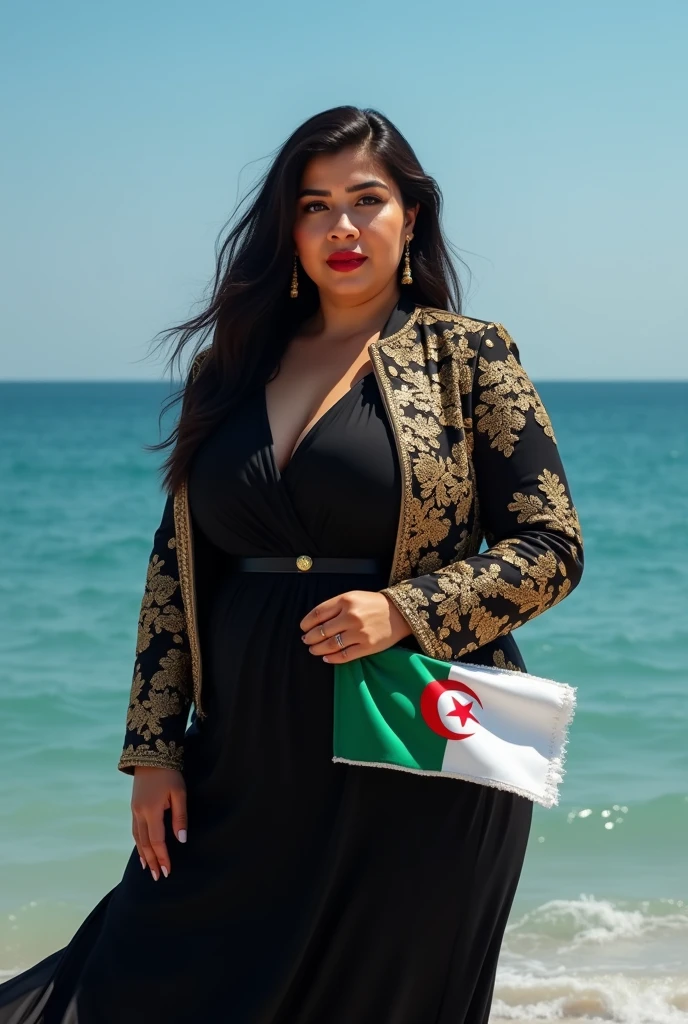 Close up, woman, blonde, plump, wearing a black velvet jacket caftan with gold embroidered details on the shoulders and cuffs, arabesque, embroidered, holding the Algerian flag in her hand, white and green, looking directly at the camera, she is standing on the blue seashore