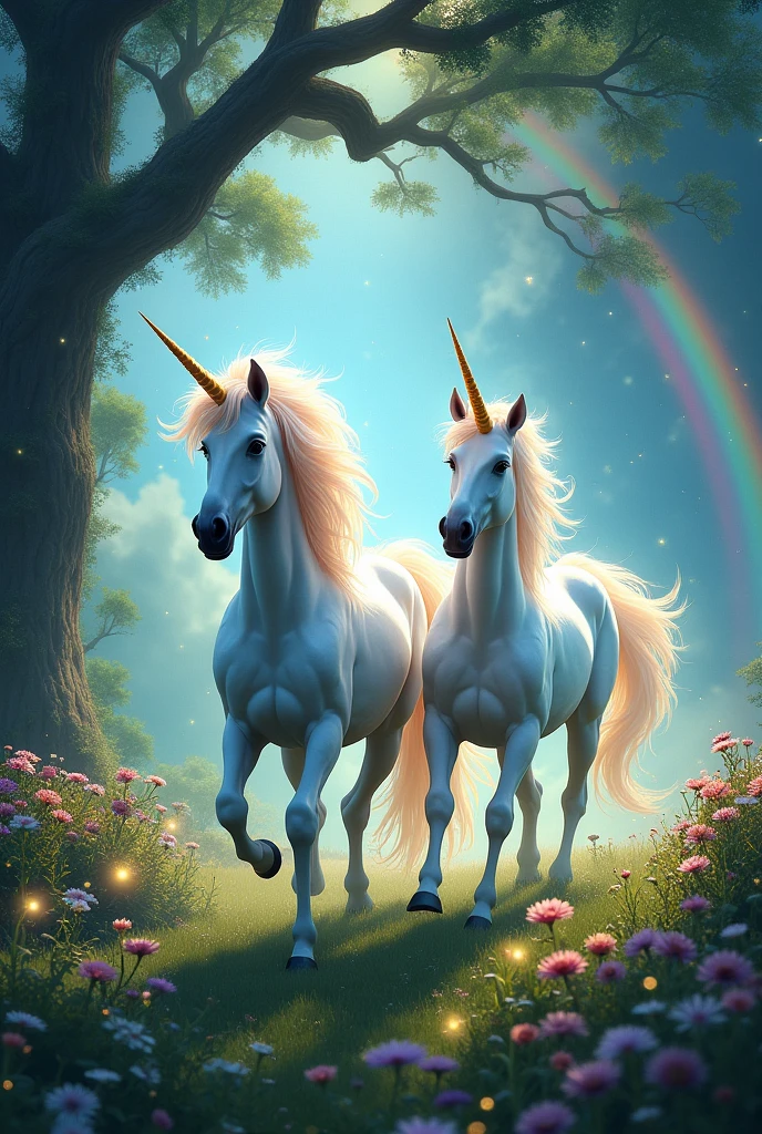 Unicorns running in a magical meadow with lots of rainbows, trees flowers and stars
