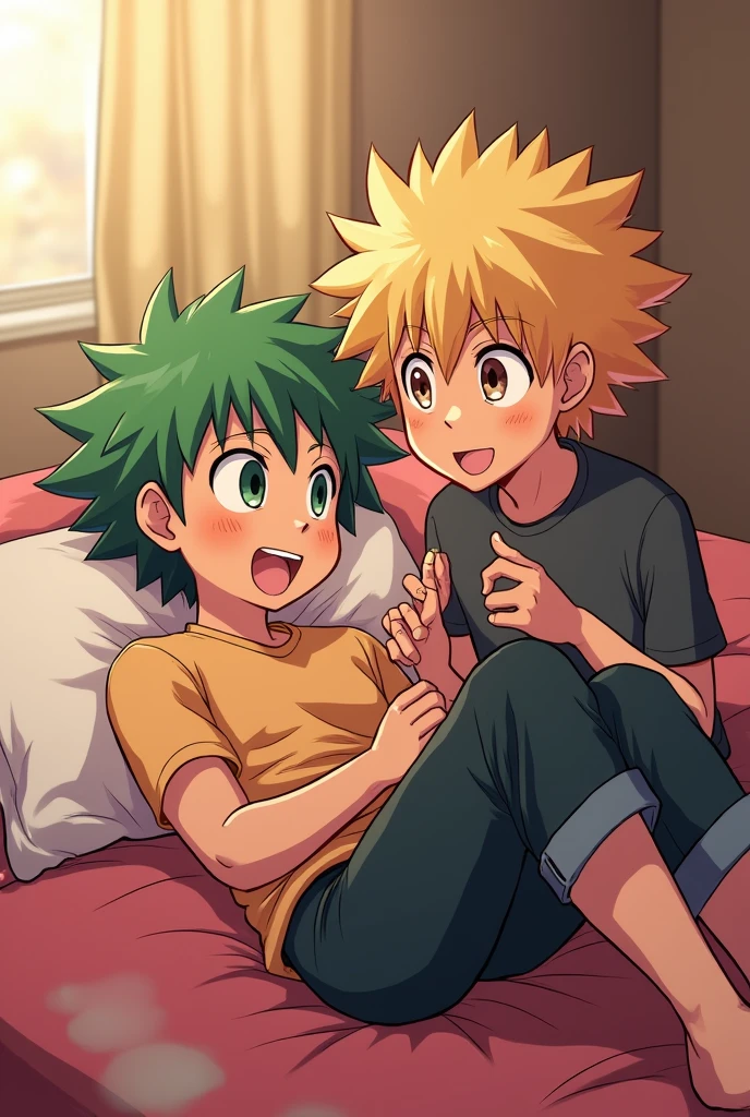 An image of Bakugou and Deku 18 in bed and Bakugou putting his member in Deku