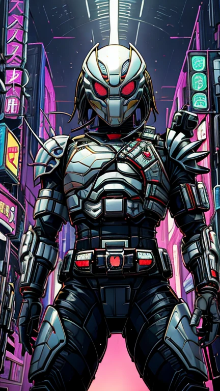 (8k),(masterpiece),(Japanese),( boy),((innocent look)),((Childish)),From the front,smile,cute,Innocent,Kind eyes,Flat chest, metal helmet, metal domino mask, white mask,yautja,Bald,No Hair, Henshin Pose,night,dark, Neon light cyberpunk city,Kamen rider, upper body,armored, high tech gear, shoulder cannon