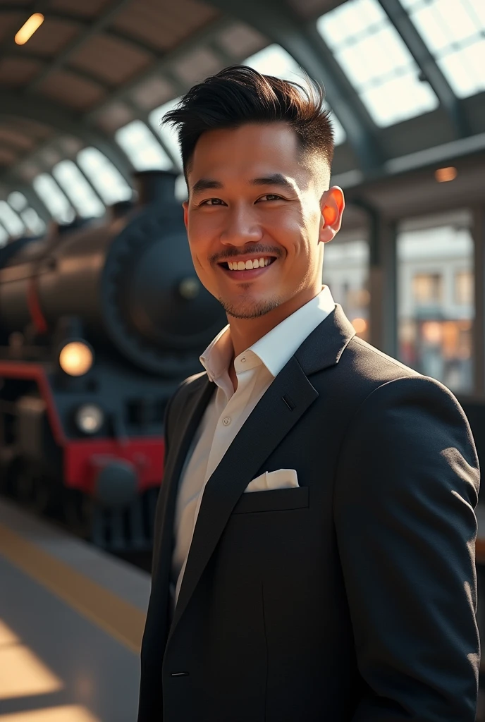 man, short black hair, smilling , dressed in an elegant suit, full body, in a train station, looking at the camera, a locomotive behind, photorealistic