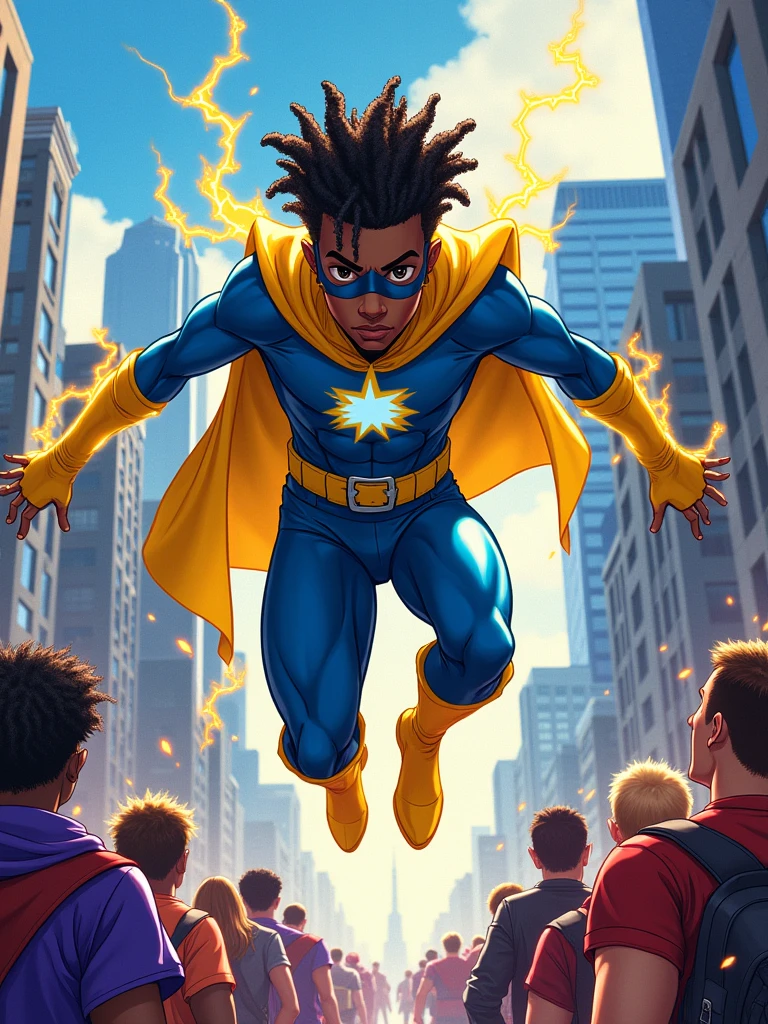 Static Shock, boy , hair dread, the electrifying superhero, soaring through the sky with sparks of electricity crackling around him. Depict him wearing his iconic blue and yellow costume, complete with a black mask and a ((“white emblem” on his chest)), exuding confidence and determination. Surround him with the vibrant urban landscape of Dakota City, showcasing skyscrapers, bridges, and bustling streets filled with diverse people going about their lives. Some gaze up at Static with admiration, while others look on with curiosity or fear. Include a mix of “Bang Babies, ” individuals who gained superpowers from a chemical explosion, each with unique appearances and abilities. Some are allies, others are adversaries, adding depth and complexity to the narrative. Use a colorful and dynamic background with shades of blue, yellow, and purple to convey the excitement and adventure of Static’s superhero exploits, emphasizing his role as a symbol of hope and justice.