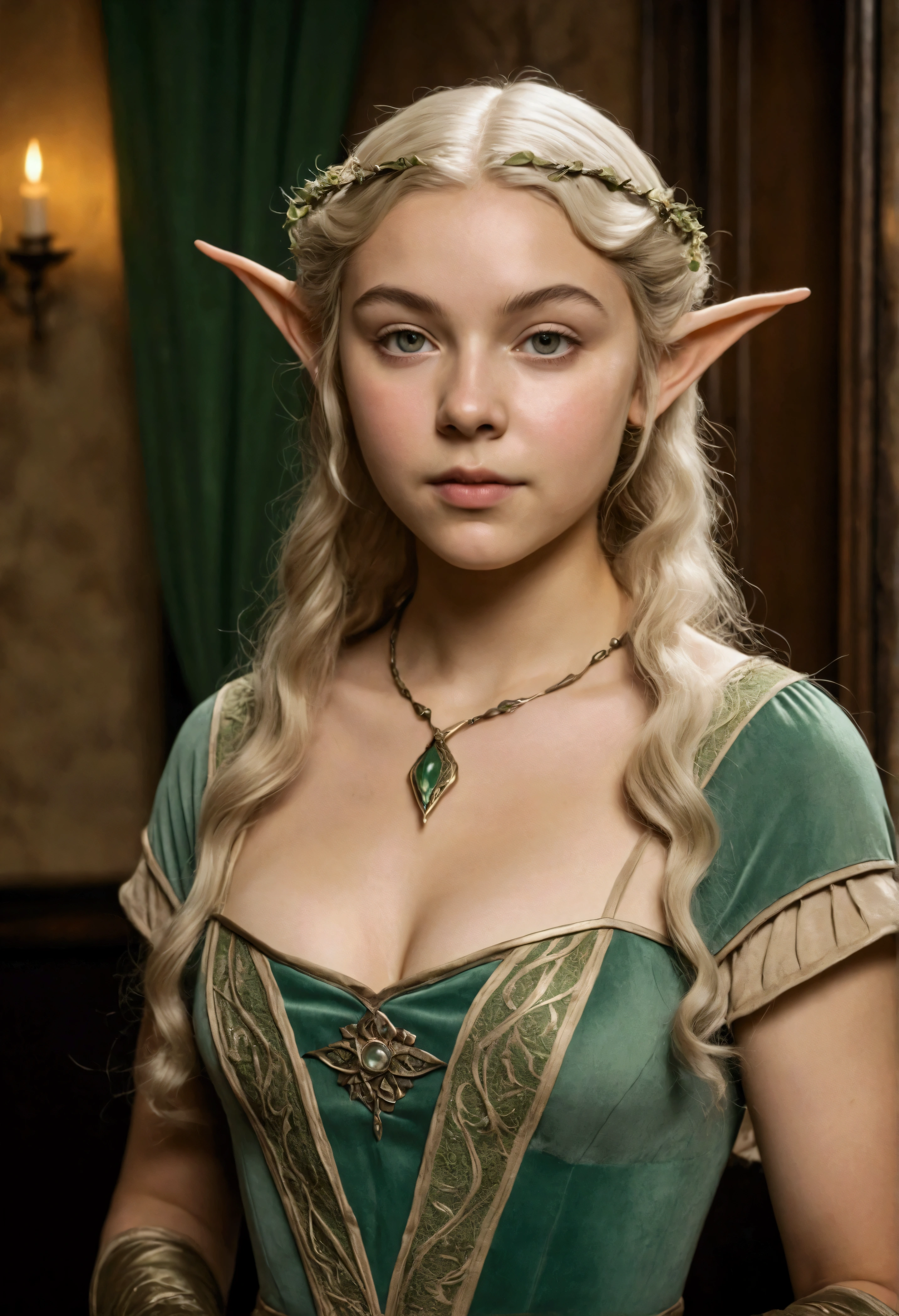 1910s analog film photograph, colorized photo of an elven maiden, 18-years-old, amazonian stature, thick-fit hourglass figure,  , toned, athletic, wearing a victorian traveling dress, warm almond complexion, pointy elf ears, platinum blonde hair, thick curly bangs, resembles Margaery Tyrell, standing in a manor drawing room, RAW Photograph, dslr, soft lighting, high quality, film grain, Fujifilm XT3, detailed skin with visible pores, insane details, masterpiece, 8k, 35mm photograph, faded film, desaturated, grainy, vintage, Lomography, stained, highly detailed, found footage, long elven ears