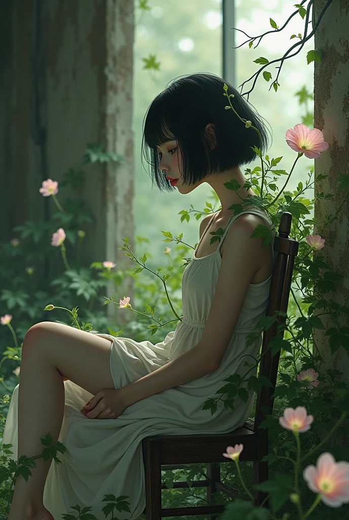 Depressed girl、Japanese、Black Hair、Bobcut、Pale complexion、Are thin、Ivy entangled all over the body、morning glory、ruins、Sit on a chair