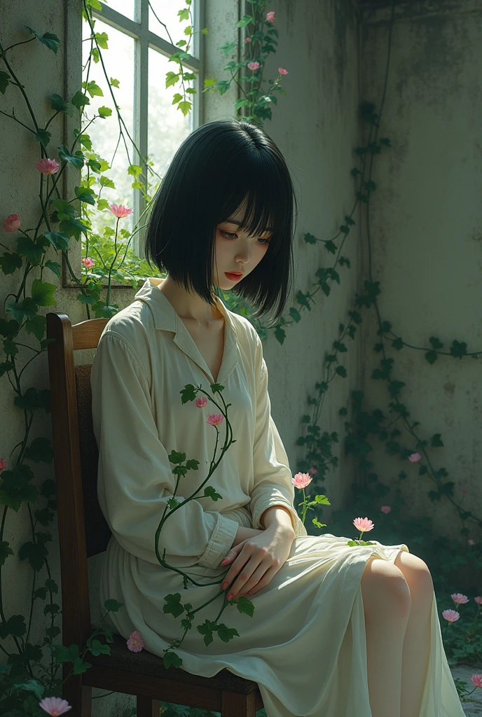 Depressed girl、Japanese、Black Hair、Bobcut、Pale complexion、Are thin、Ivy entangled all over the body、morning glory、ruins、Sit on a chair