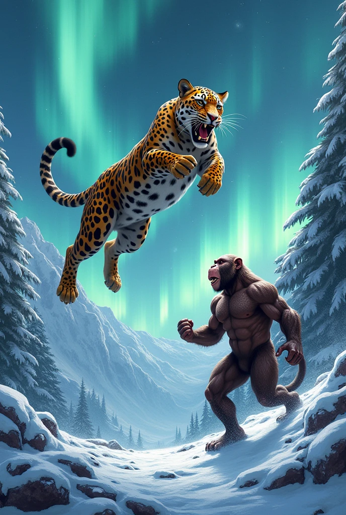 The Jaguar jumps from the sky against the backdrop of snowy mountains and aurora skies, revealing its powerful body and fierce expression. Below, a muscular monkey raising his arms in a defensive position also shows a strong expression. The opposite word in the lively comic font is in the middle between the two animals, showing a strong confrontation. Snow and ice cover the ground, increasing the forest cooling.