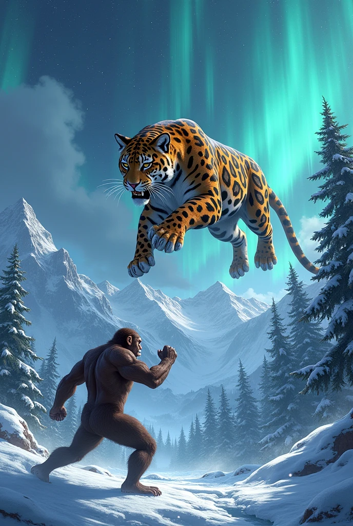 The Jaguar jumps from the sky against the backdrop of snowy mountains and aurora skies, revealing its powerful body and fierce expression. Below, a muscular monkey raising his arms in a defensive position also shows a strong expression. The opposite word in the lively comic font is in the middle between the two animals, showing a strong confrontation. Snow and ice cover the ground, increasing the forest cooling.