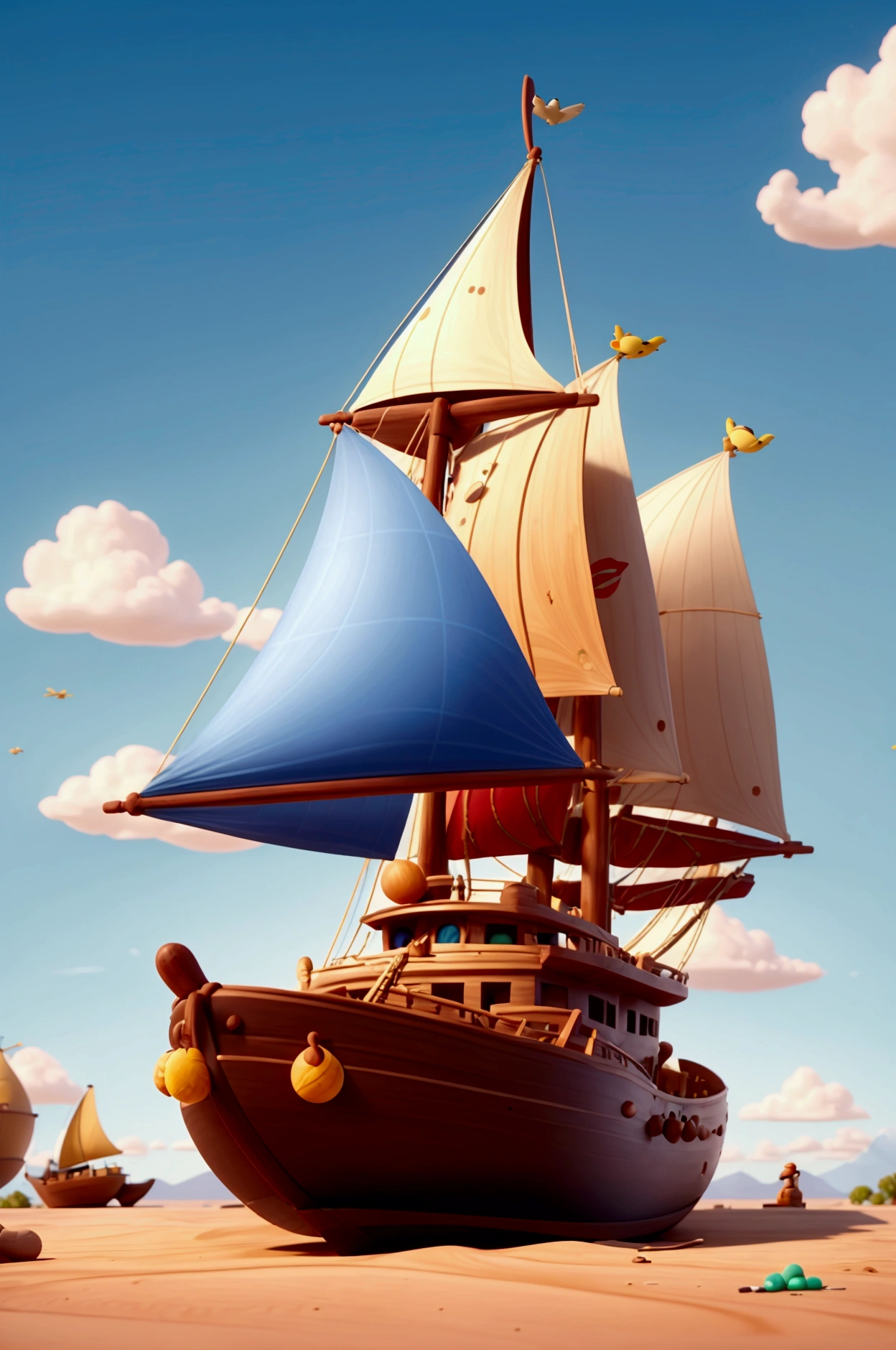 develop a 3D image in the Disney Pixar style showing the construction of a large wooden boat without sails and masts. The setting should be a large desert terrain, with the large boat partially built. Add details like tools scattered on the floor, pieces of wood and workers (Noah, your children and friends) committed to construction. The sky should be light blue, and colorful birds can be seen flying above, creating a lively and joyful atmosphere