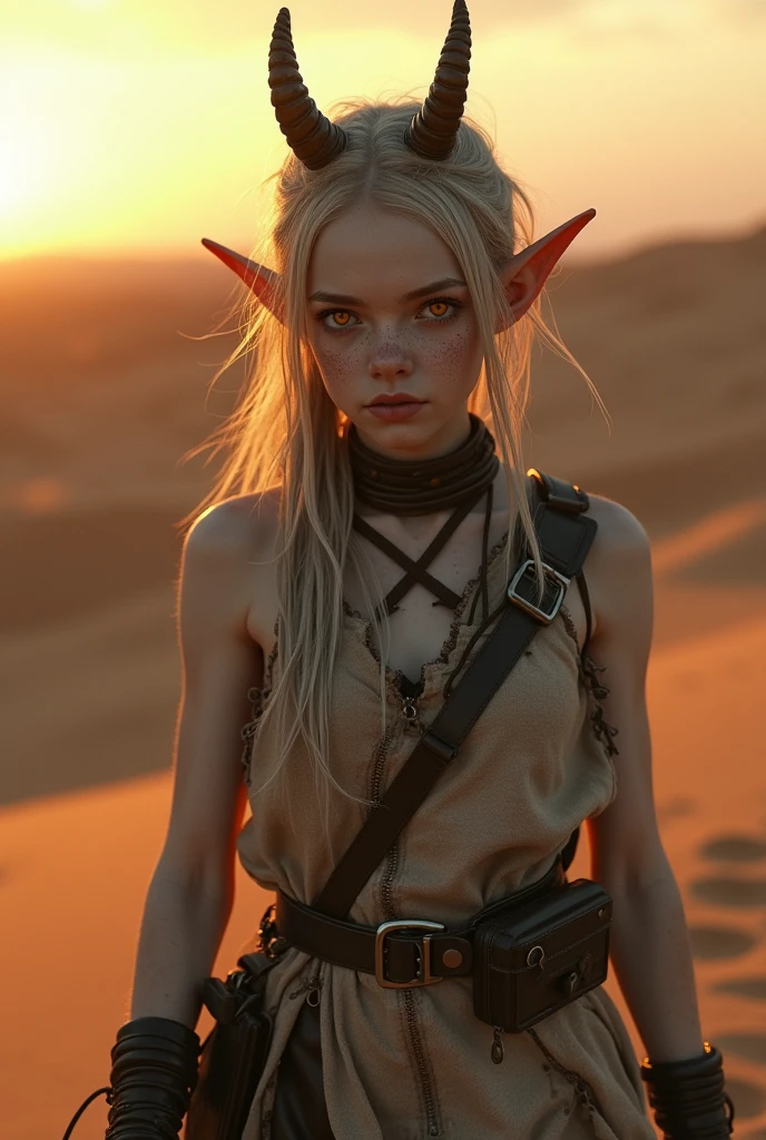 work of art, half-body shot, transition to a desert landscape at sunset, a solitary figure walking, a beautiful young gray skin, orange eyes, elf ear, small, inward-curving horns appear wearing beautiful post-apocalyptic nomadic clothing, freckles on the face, slim runner body, very tiny breasts, hardnipples, very small ass, very highly detailed face, ultra realistic face, very beautiful thin face, clean  face, exhausted face, youthful appearance, very young, It&#39;s juvenile, Post-apocalyptic clothes. Layers of tattered fabric, unconventional accessories, and an aged appearance create an aura of survival and resilience, 16K, ultra high resolution.photorrealistic, ultra HD, CRU, dslr, (NSFW:1.1)