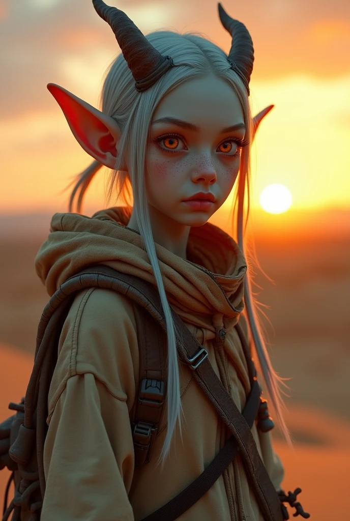 work of art, half-body shot, transition to a desert landscape at sunset, a solitary figure walking, a beautiful young gray skin, orange eyes, elf ear, small, inward-curving horns appear wearing beautiful post-apocalyptic nomadic clothing, freckles on the face, slim runner body, very tiny breasts, hardnipples, very small ass, very highly detailed face, ultra realistic face, very beautiful thin face, clean  face, exhausted face, youthful appearance, very young, It&#39;s juvenile, Post-apocalyptic clothes. Layers of tattered fabric, unconventional accessories, and an aged appearance create an aura of survival and resilience, 16K, ultra high resolution.photorrealistic, ultra HD, CRU, dslr, (NSFW:1.1)