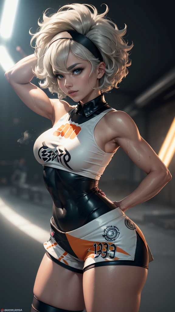 Bea da pokemon,(best qualityer,4K,8k,high resolution, work of art:1.2)(weather: windy), sport stadium background, short curly hair, gray hair, cropped shirt, micro shorts, thigh high stockings, headband, gloves, leotard, ultra detailed, realistic, beautiful detailed gray eyes, beautiful detailed lips, extremely detailed eye and face, long eyelashes, average, large breasts, flying hair, beaming smile, powerful girl in a combat, karate stance, sweating, wet body, bright coloured, dramatic lighting,