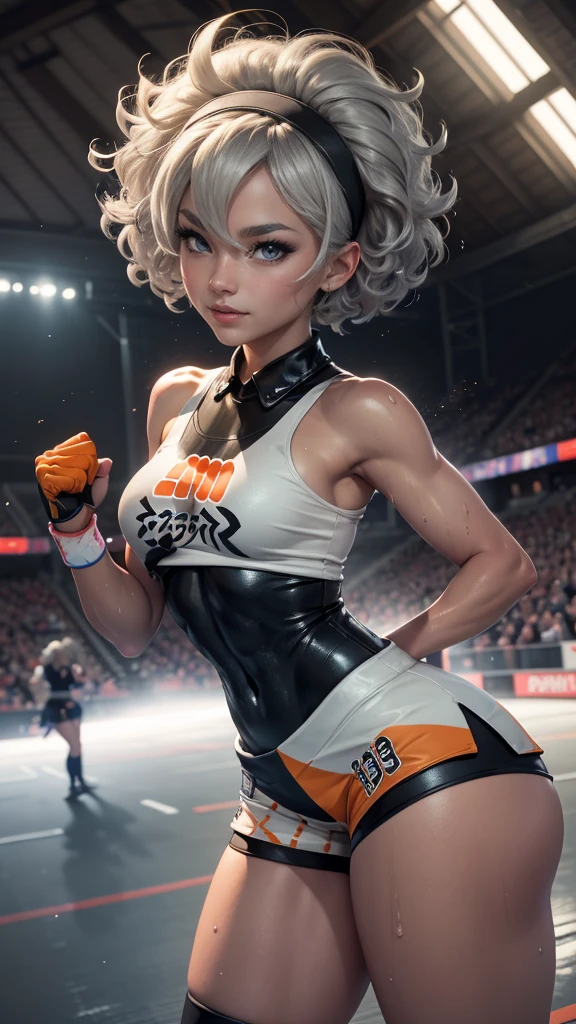 Bea da pokemon,(best qualityer,4K,8k,high resolution, work of art:1.2)(weather: windy), sport stadium background, short curly hair, gray hair, cropped shirt, micro shorts, thigh high stockings, headband, gloves, leotard, ultra detailed, realistic, beautiful detailed gray eyes, beautiful detailed lips, extremely detailed eye and face, long eyelashes, average, large breasts, flying hair, beaming smile, powerful girl in a combat, karate stance, sweating, wet body, bright coloured, dramatic lighting,