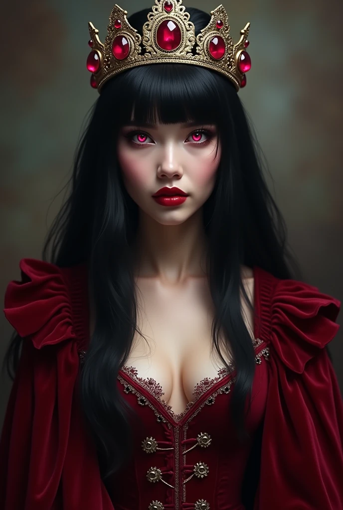 A vampire woman with long black hair and black bangs, with pink iris eyes and a golden crown with ruby stones on her head, wearing a red velvet medieval dress