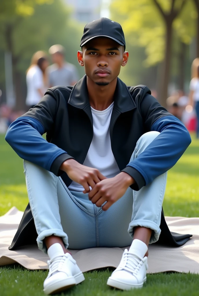 best qualityer:1.4), (ultra high resolution:1.2), (photorrealistic:1.4), (8k, CRU photo:1.2), a thin young man of 20 years old, skin black, with a smooth, beardless face, corte de cabelo buzzcut, He's wearing a black cap. He's wearing a white shirt. He is wearing a basic coat in black and blue.. He's wearing light jeans. He's wearing white sneakers. Sitting on the grass in a simple park. thin build sem músculos. Seductive face for the camera. thin build. Scrawny. A thin person. He's wearing a black cap. There are people in the background. It's sunny. He is sitting on a cloth spread out on the grass..