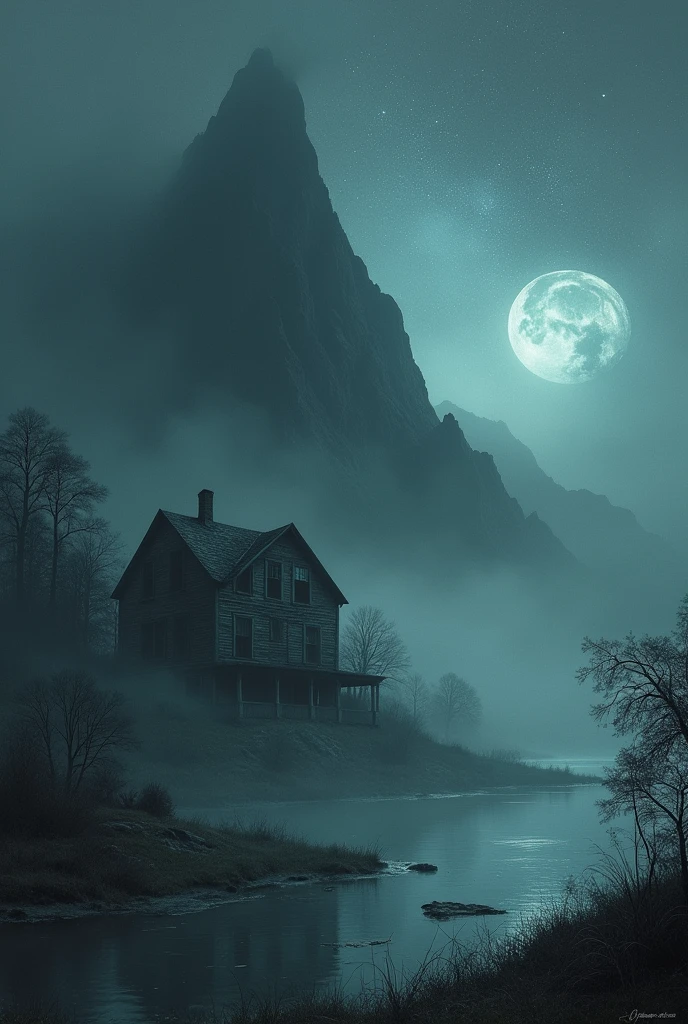 House fog terror parasite mountain scary creatures lake starry sky