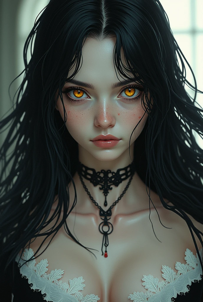 Fantasy Character. adult  woman, with black hair and yellow eyes. Fair skin with freckles on nose and cheeks. A frightening look and expression. Woman in medieval clothing, White and black. Anime line medieval era.