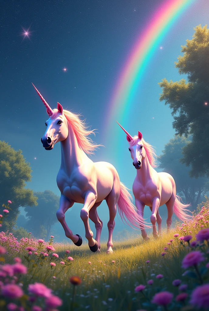Rainbow unicorns running in a magical meadow with lots of rainbows, trees flowers and stars