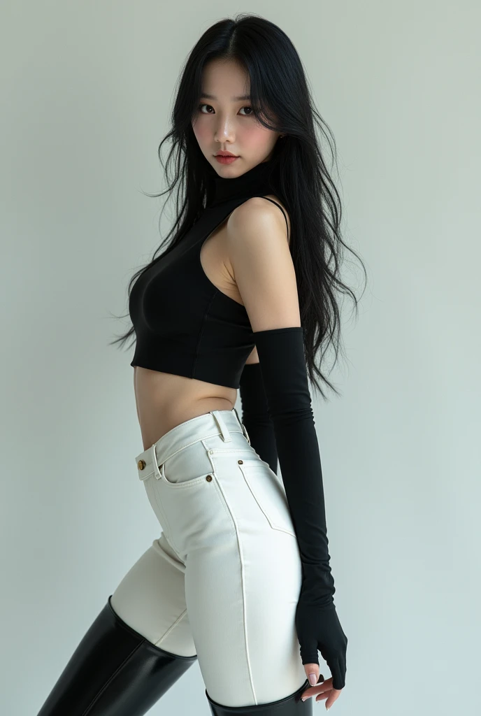 Korean girl, black thigh high boots, white pants, long gloves