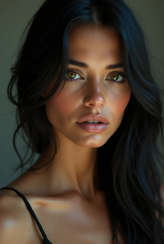 A girl endowed with extreme beauty, an ethereal beauty, straight hair as black as night, pale skin to the point where you can see her veins but still beautiful, eyes the color of whiskey, almost golden eyes.She looks powerful, strong and courageous. Her nationality is very important, she is Brazilian