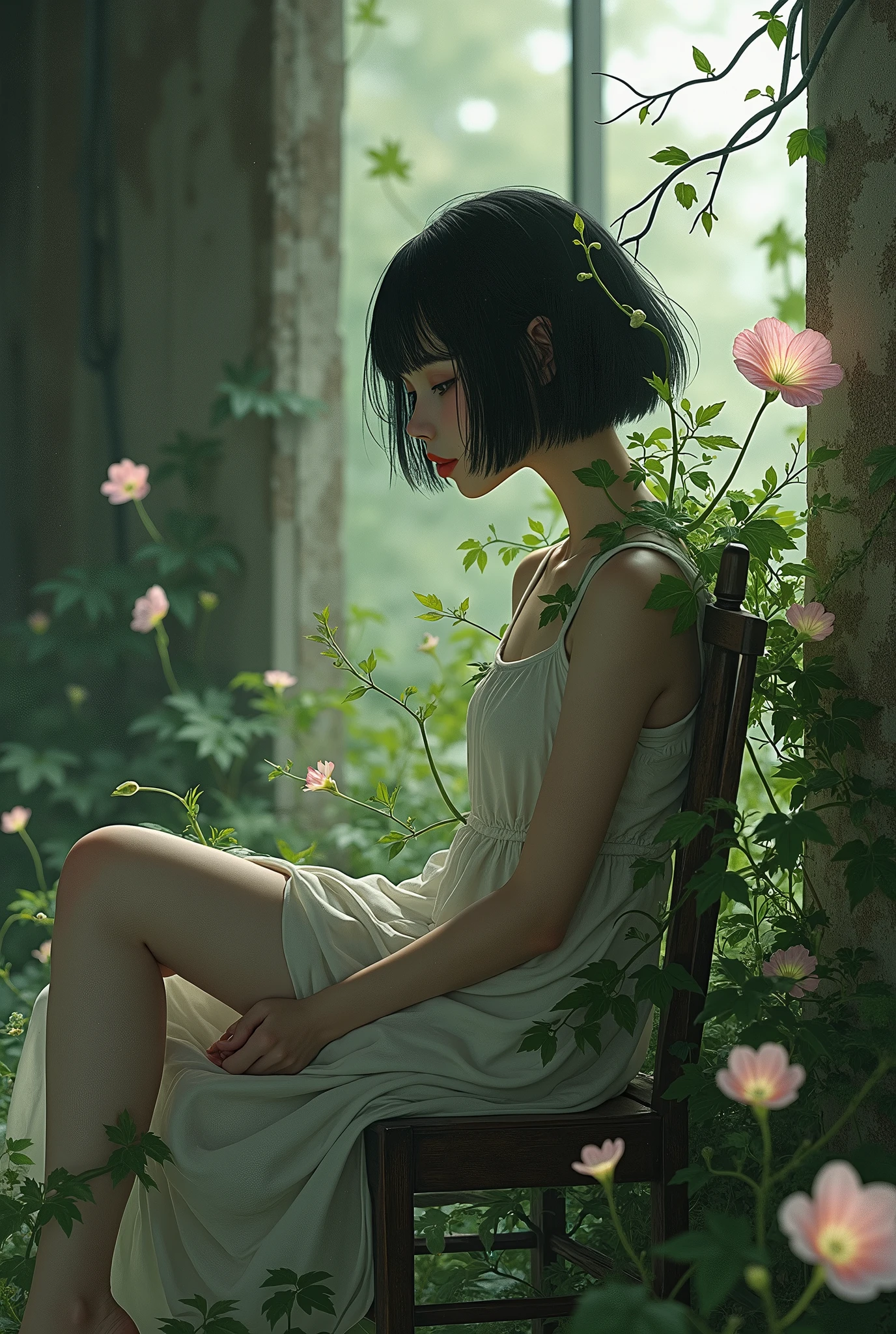 Depressed girl、Japanese、Black Hair、Bobcut、Pale complexion、Are thin、Ivy entangled all over the body、morning glory、ruins、Sit on a chair