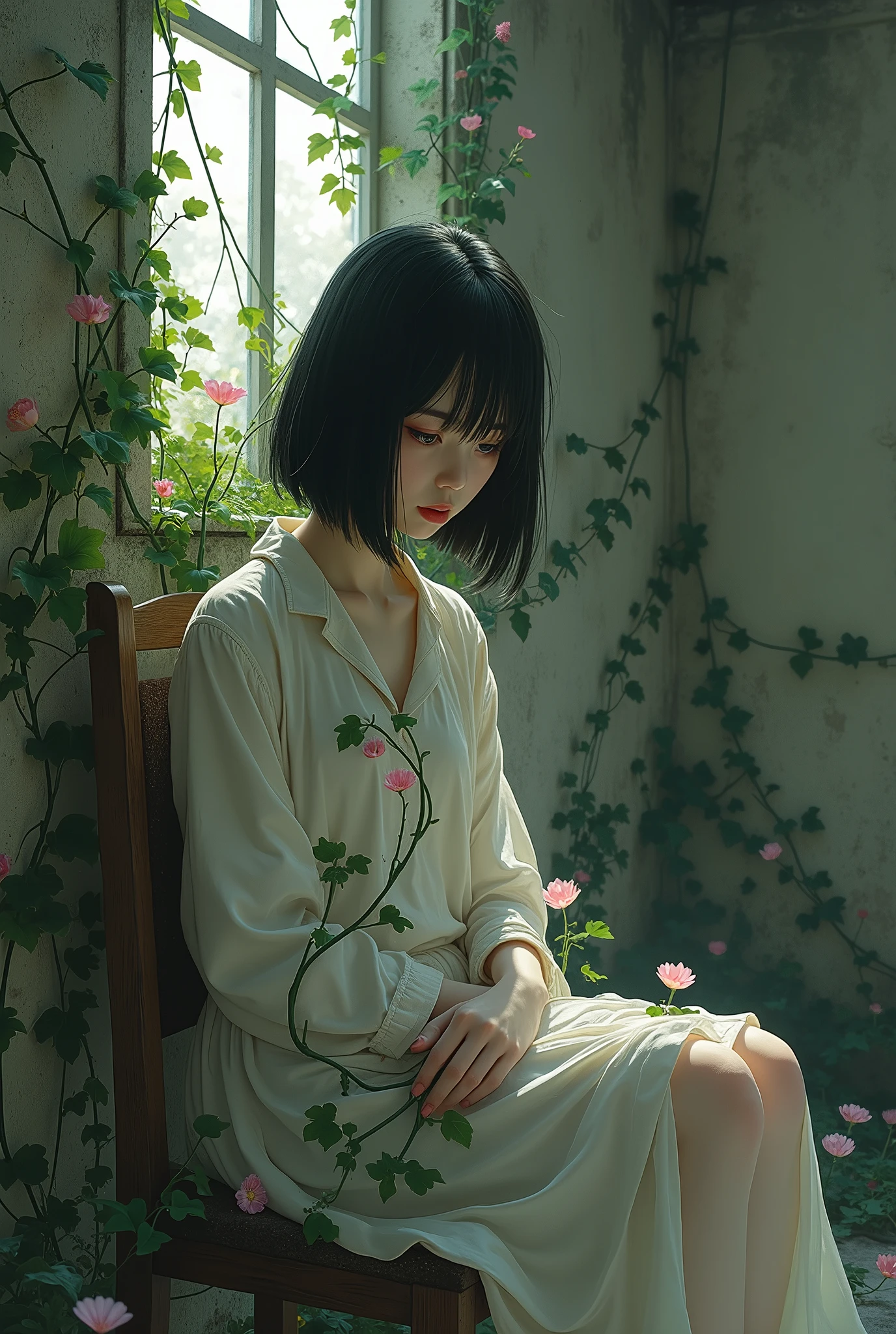Depressed girl、Japanese、Black Hair、Bobcut、Pale complexion、Are thin、Ivy entangled all over the body、morning glory、ruins、Sit on a chair