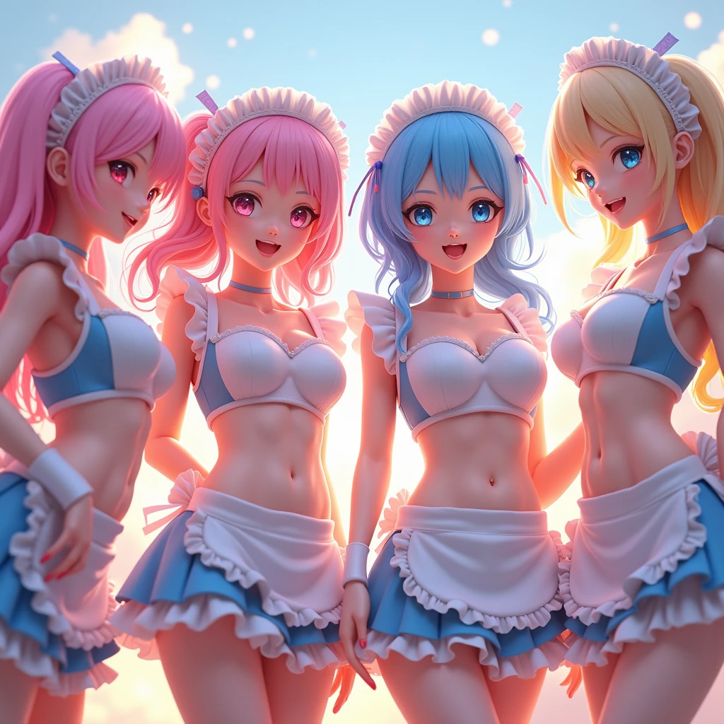 (Full Body of Extremely Detailed((Sexy Maid Group in a row:1.37))), KAWAII perfect face, Reflective Eyes, Detailed(Delicate Clothing textures), Correct Leg Line, Dynamic Joyful Expressions LifeLike Rendering, Specular Reflection, TopQuality 8K Ultra-detailed masterpiece (ProfessionalPhoto:1.37), (Acutance:0.8), (Luminism:1.28), Renaissance art style, Colorful Light particles, ((Full body from side)), {MicroMini Skirt|Kissing|Breast Lifting|Undressing|Thigh Gap|AssFocus|(NakedApron with Overflowing SideBoob)}, Radiant Fine Skin with Transparency, (Exposed:0.4), (Different types of Anime hair color){Pink Hair|Blue Hair|Platinum Blonde|Pure White Hair|Liquid Hair}, Perfect Lighting