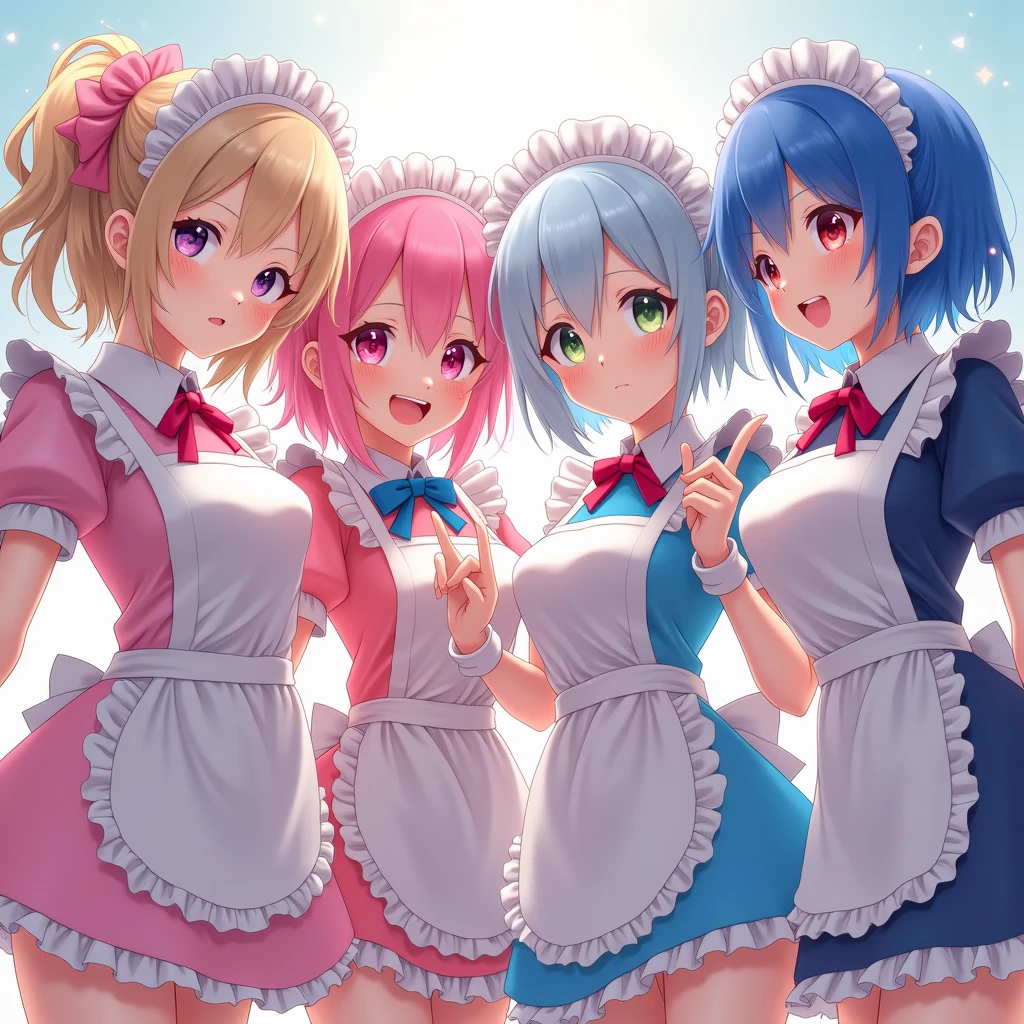 (Full Body of Extremely Detailed((Sexy Maid Group in a row:1.37))), KAWAII perfect face, Reflective Eyes, Detailed(Delicate Clothing textures), Correct Leg Line, Dynamic Joyful Expressions LifeLike Rendering, Specular Reflection, TopQuality 8K Ultra-detailed masterpiece (ProfessionalPhoto:1.37), (Acutance:0.8), (Luminism:1.28), Renaissance art style, Colorful Light particles, ((Full body from side)), {MicroMini Skirt|Kissing|Breast Lifting|Undressing|Thigh Gap|AssFocus|(NakedApron with Overflowing SideBoob)}, Radiant Fine Skin with Transparency, (Exposed:0.4), (Different types of Anime hair color){Pink Hair|Blue Hair|Platinum Blonde|Pure White Hair|Liquid Hair}, Perfect Lighting