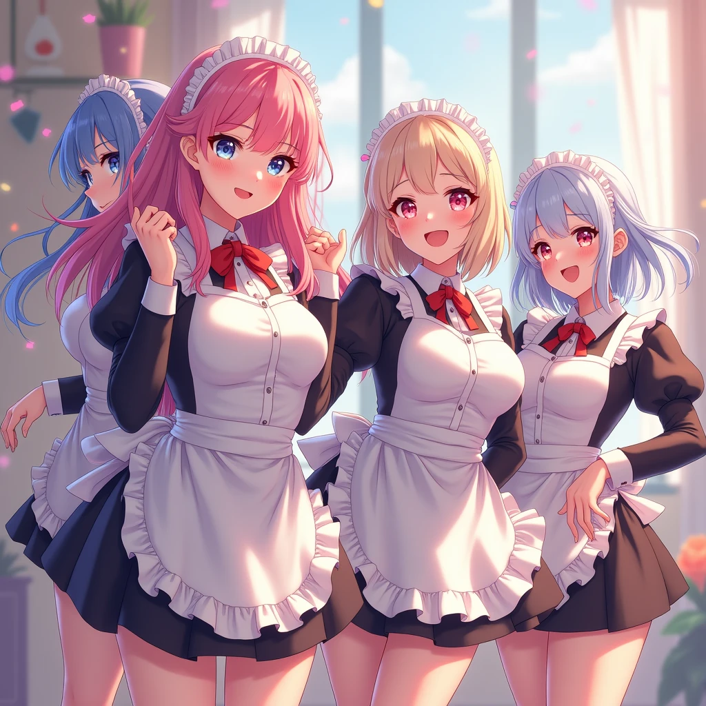 (Full Body of Extremely Detailed((Sexy Maid Group in a row:1.37))), KAWAII perfect face, Reflective Eyes, Detailed(Delicate Clothing textures), Correct Leg Line, Dynamic Joyful Expressions LifeLike Rendering, Specular Reflection, TopQuality 8K Ultra-detailed masterpiece (ProfessionalPhoto:1.37), (Acutance:0.8), (Luminism:1.28), Renaissance art style, Colorful Light particles, ((Full body from side)), { Skirt|Kissing|Breast Lifting||Thigh Gap||(NakedApron with Overflowing SideBoob)}, Radiant Fine Skin with Transparency, (:0.4), (Different types of Anime hair color){Pink Hair|Blue Hair|Platinum Blonde|Pure White Hair|Liquid Hair}, Perfect Lighting 
