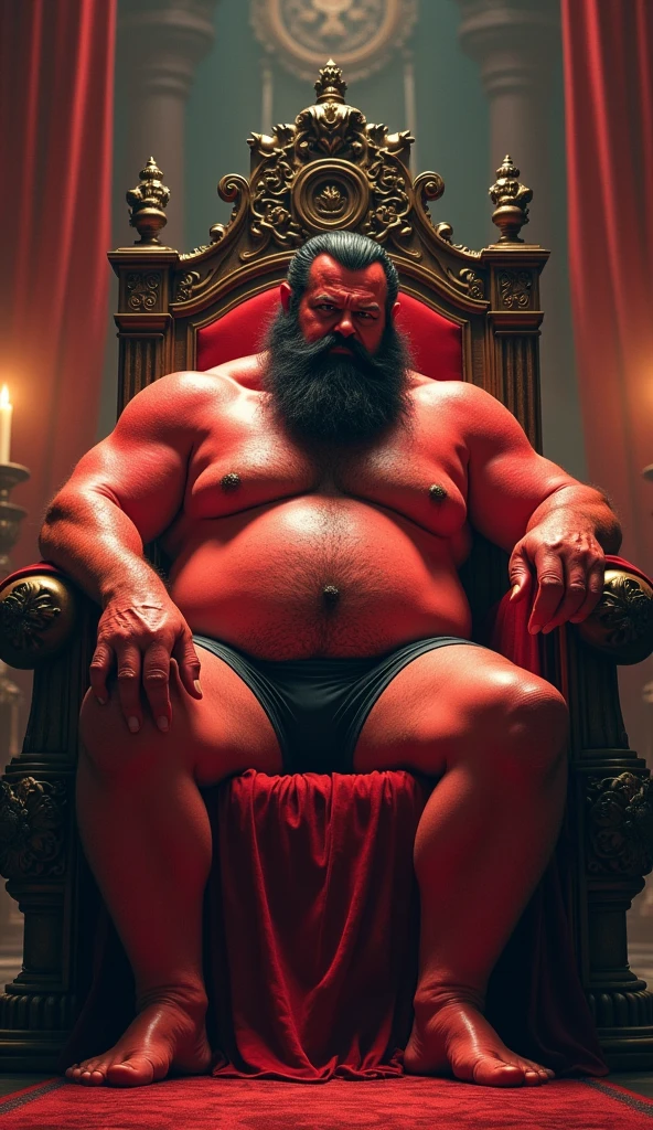 satan on his throne ruling, skin red, Open legs, hair from navel to groin, Swim trunks with bulge, Chubby, Hairy, Bearded, high resolution, ultra-detailed , sharp focus, intricate details, His right leg is casually resting on the armrest of the throne, showing a relaxed yet commanding posture. His left hand is clenched into a fist, supporting his head as he leans slightly to the side. The king’s expression is thoughtful and intense, with a sense of authority and contemplation. The throne is ornately decorated, and the background is a dimly lit, grand hall with banners and torches, emphasizing his