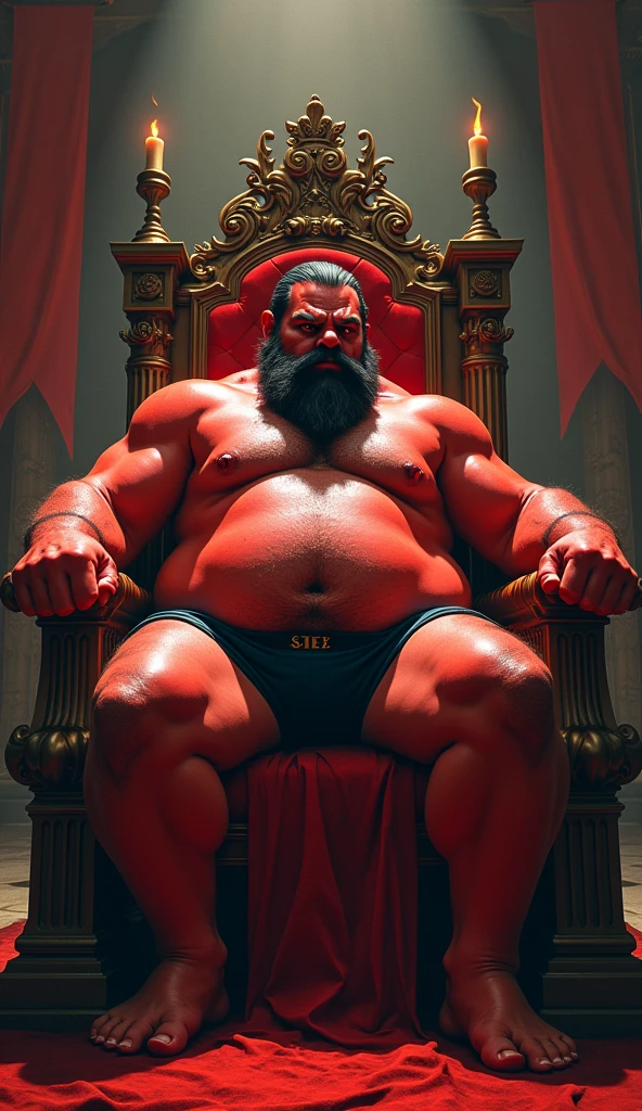 satan on his throne ruling, skin red, Open legs, hair from navel to groin, Swim trunks with bulge, Chubby, Hairy, Bearded, high resolution, ultra-detailed , sharp focus, intricate details, His right leg is casually resting on the armrest of the throne, showing a relaxed yet commanding posture. His left hand is clenched into a fist, supporting his head as he leans slightly to the side. The king’s expression is thoughtful and intense, with a sense of authority and contemplation. The throne is ornately decorated, and the background is a dimly lit, grand hall with banners and torches, emphasizing his