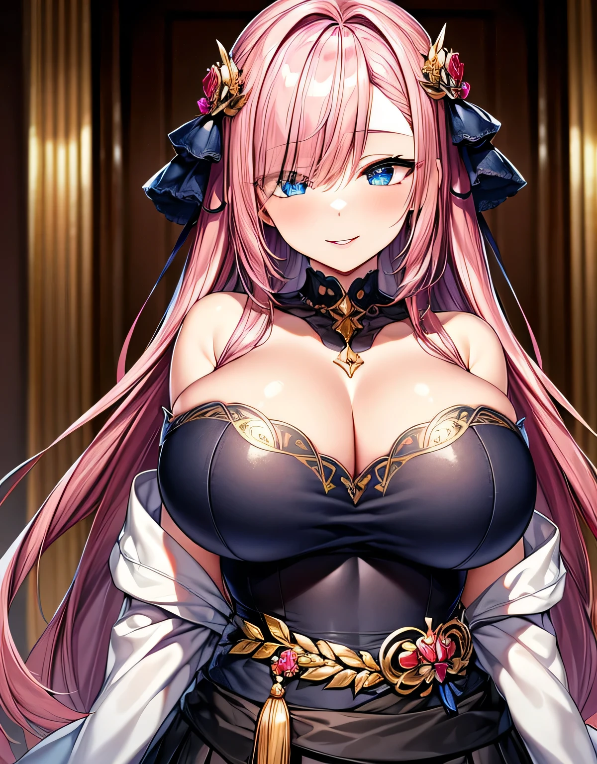 (large breasts:1.55),(shiny,hair),((solo)),((masterpiece)),((best quality)),perfect anatomy,slim waist,perfect image,8k UHD,(beautiful detailed eyes:1.5),extremely detailed face,standing,(upper body:1.25),(look at the front:1.5),arms behindback,ultra-detailed,absurdres,highres,pink hair.indoor room,hair ornament ribbon,smile,blue eyes,lips,erotic lips,sidelocks,(off-shoulder clothes),skirt,
