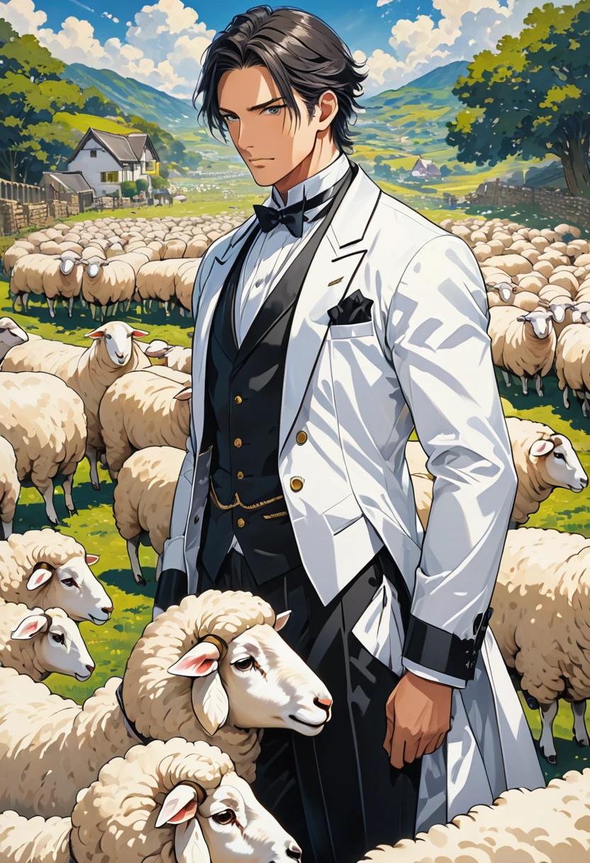 score up_9,score up_8,score up_7,source_アニメ,masterpiece,super detailed,best quality,super fine illustration,A male butler taking care of sheep。Rin々A male butler looking at a sheep with a serious expression。