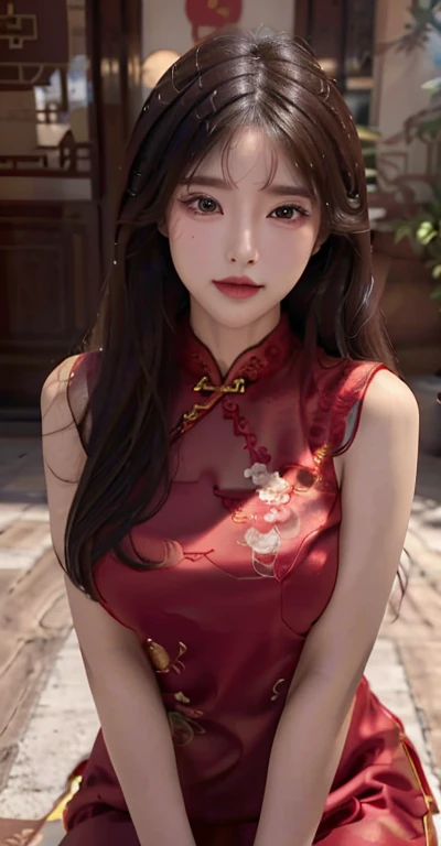 Masterpiece，Ultra-clear texture，Chinese red，Cheongsam beauty，Good facial features，Chinese clothing hairstyle，By bangs，largeeyes，long eyelasher，The chest is huge，Stand up，facing to audience