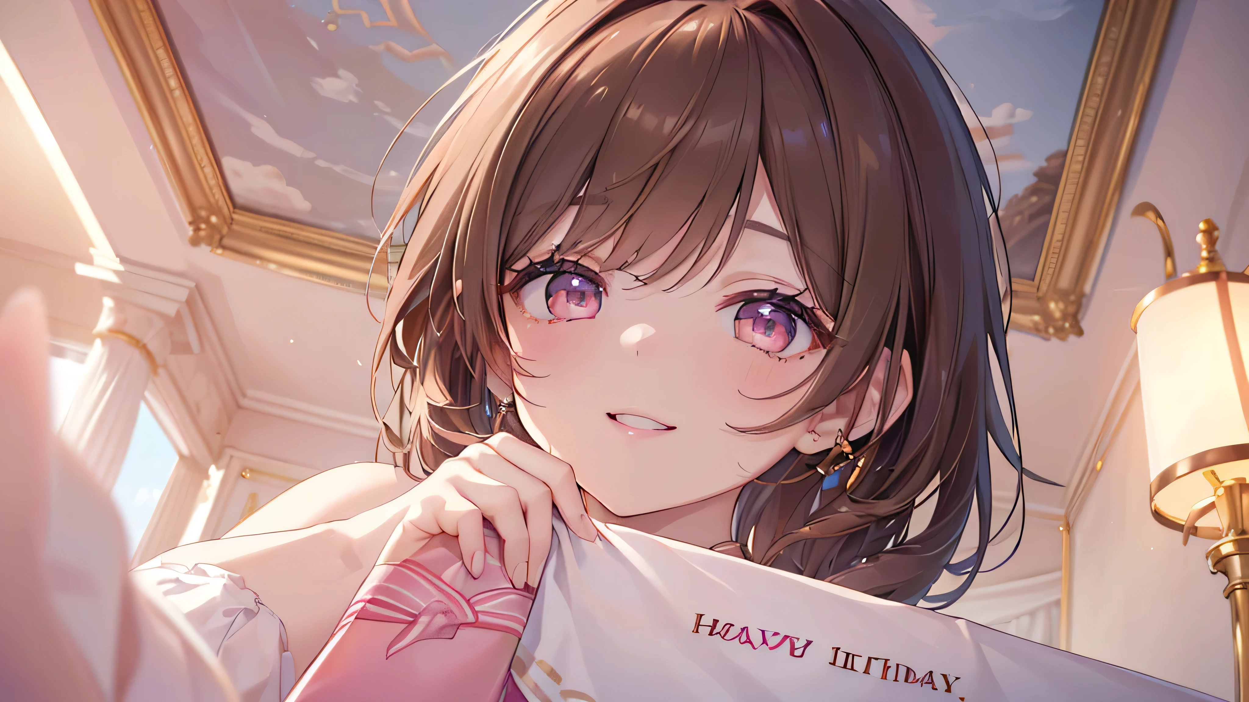 ((Highest quality、masterpiece、Ultra-fine、Ultra-fine、Exquisite、Golden Ratio,16K、Brown Hair,The best smile,Full HD、)), ((Angle from below,I have a birthday present,One person))Long eyelashes、White skin、(Pale pink lips、Pale pink cheeks、thin and long)、((One person)),Birthday Party -