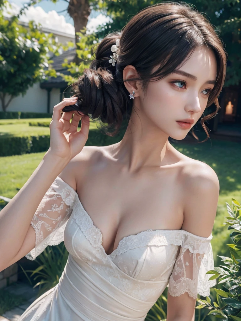 absurdres, RAW photo, extremely delicate and beautiful, masterpiece, Highest Quality, ultra high resolution, 32k, hyperrealistic, realistic, photorealistic, photo-realistic, Real, ultra-detailed, Very detailed CG 8k wallpaper, detailed background, landscape, Beautiful Lighting, Perfect Lightning, Realistic Shadows, perfect anatomy, anatomically correct, ideal ratio body proportions, perfect figure, Perfect Style, Perfect balance, super Detailed skin, 20 years old, very Slim body, narrow waist, very small head, very small face, delicate facial features, handsome detailed woman, very detailed eyes and face, realistic face proportions, Realistic beautiful face, Realistic beautiful eyes, tearful mole, earring, (very huge round tits), short medium hair, asymmetrical hair, wavy hair, dress, off-shoulder, outdoor,