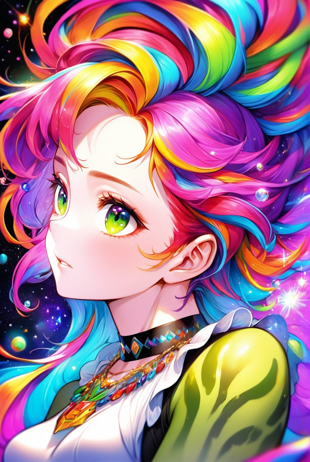 Close-up of a woman with colorful hair and necklace, Anime girl with space-like hair, Soft vitality of Ross Dres, Gubes-inspired artwork, Fantasy art style, colorful], Vivid fantasy style, Ross draws vibrant cartoons, universe and colorful, Gwaiz, colorful digital fantasy art, Great art style, Beautiful anime style, White skin, hulk clothes