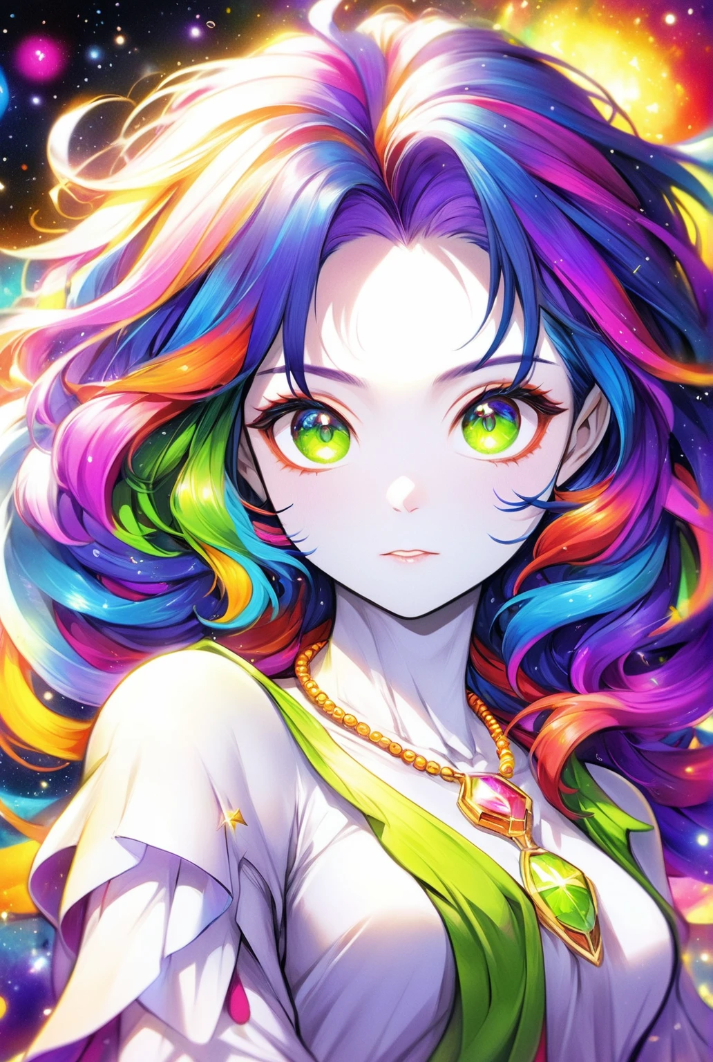 Close-up of a woman with colorful hair and necklace, Anime girl with space-like hair, Soft vitality of Ross Dres, Gubes-inspired artwork, Fantasy art style, colorful], Vivid fantasy style, Ross draws vibrant cartoons, universe and colorful, Gwaiz, colorful digital fantasy art, Great art style, Beautiful anime style, White skin, hulk clothes