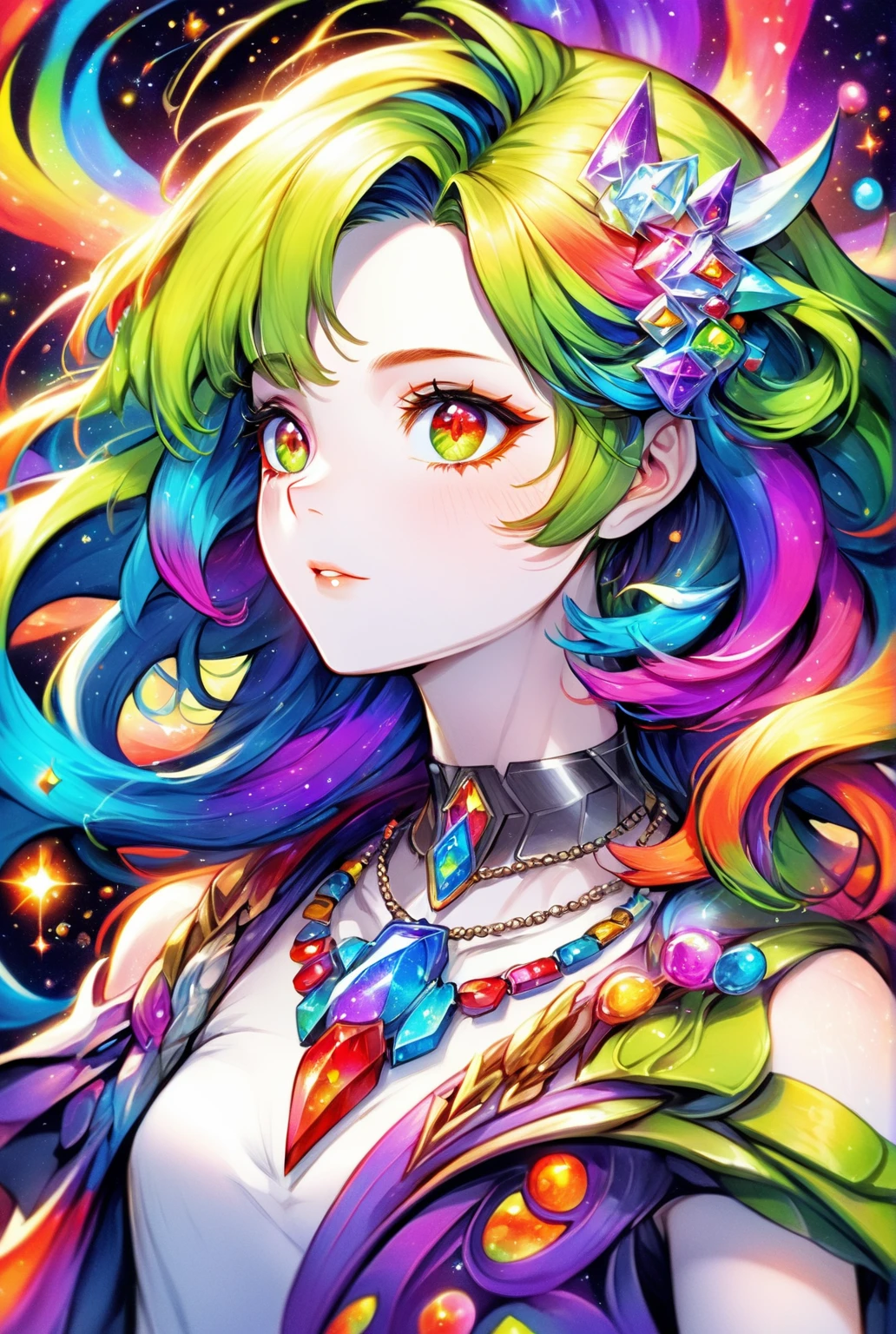 Close-up of a woman with colorful hair and necklace, Anime girl with space-like hair, Soft vitality of Ross Dres, Gubes-inspired artwork, Fantasy art style, colorful], Vivid fantasy style, Ross draws vibrant cartoons, universe and colorful, Gwaiz, colorful digital fantasy art, Great art style, Beautiful anime style, White skin, hulk clothes