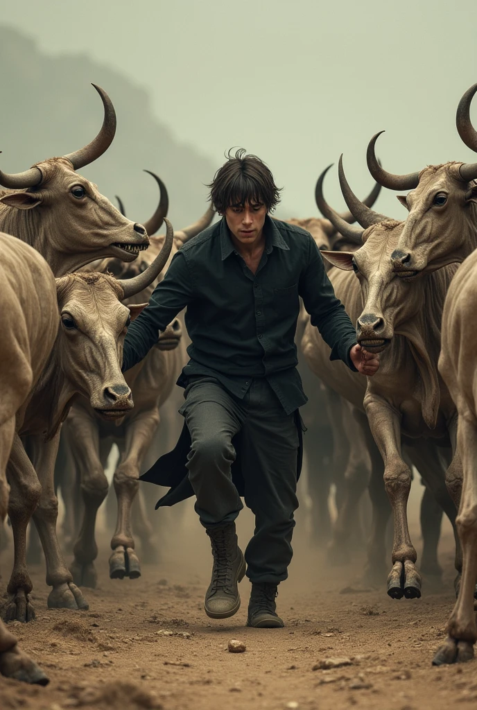 Please create a character with straight hair, eyes, and torn clothes as if he were fighting., black clothing, he is surrounded by dry skinny cows with huge bones, who attack him at the same time holding his arms and legs, make book cover template